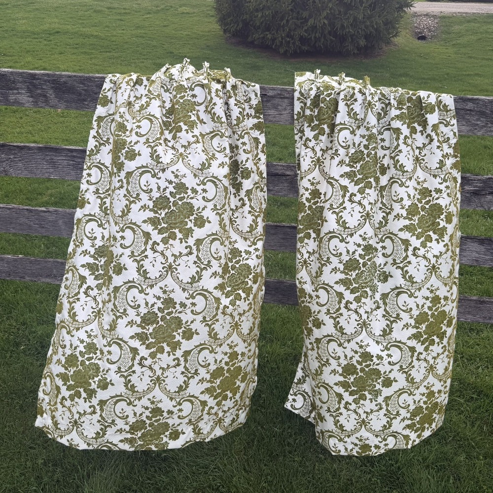 VTG MCM, 60s 70s Flocked Green Curtains 63" L , top 22" W , B  40" W Retro Shiny